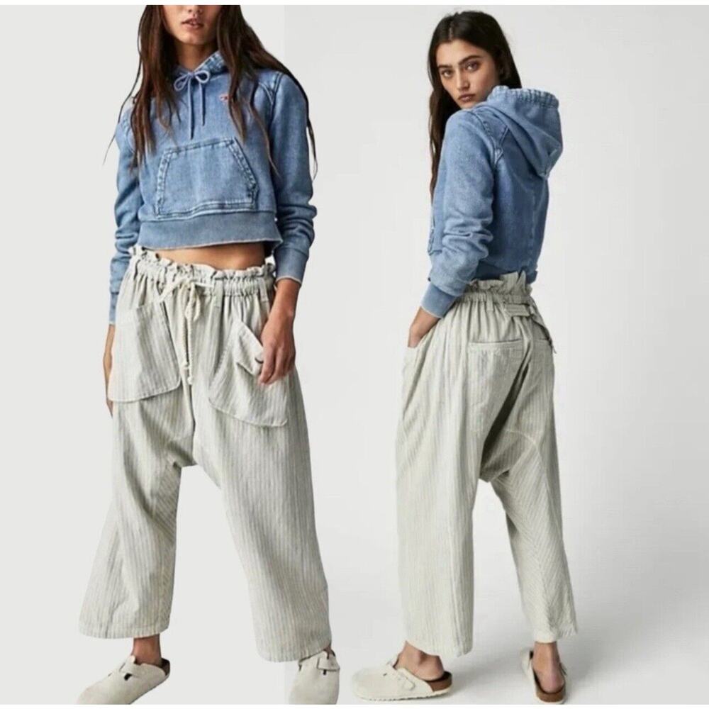 Free People Womens Pants Sz XS Runyon Oversized Ivory Striped 100% Cotton Harem
